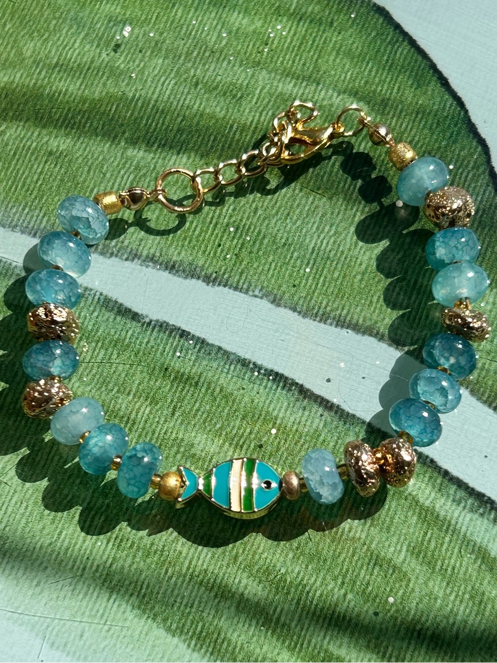 Gold & Teal Beaded Fish Bracelet - Women Jewelry